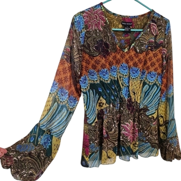 Y2K Vintage Boho Whimsy Gypsy Fairy Graphic Mixed Print Blouse Beaded Rhinestone - Picture 1 of 6